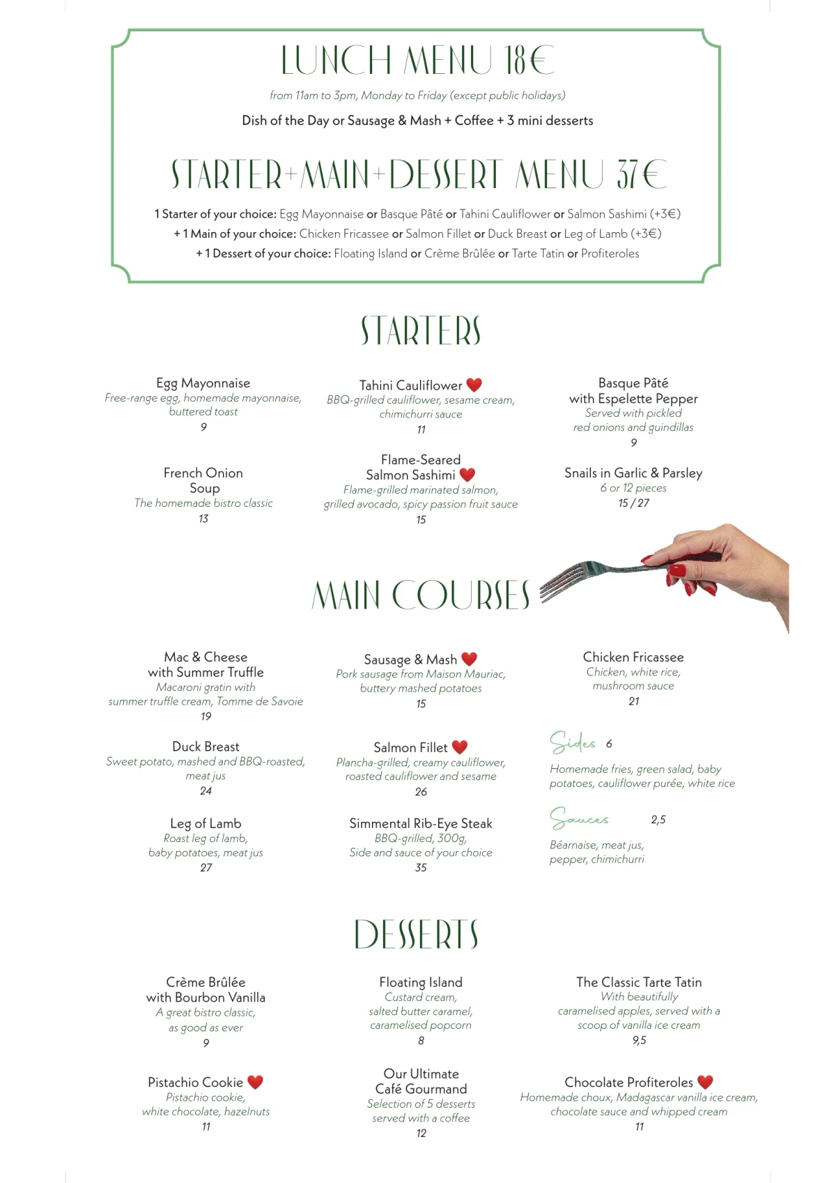 Day menu of Madame Claude restaurant near Châtelet, page 2 : Lunch Menu 18€, Starter+Main+Dessert Menu 37€, Starters, Main Courses, Desserts