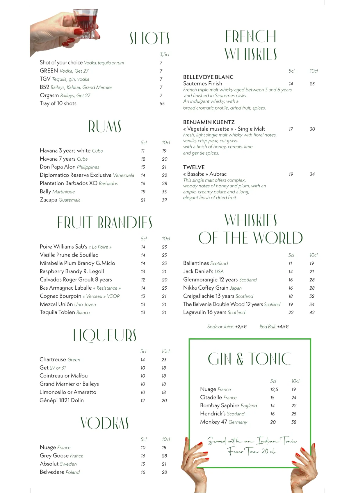 Day menu of Madame Claude restaurant near Châtelet, page 5 : Shots, Rums, Fruit Brandies, Liqueurs, Vodkas, French Whiskies, Whiskies of the World, Gin & Tonic