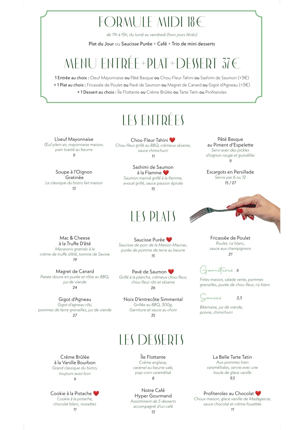 Carte du jour du restaurant Madame Claude à Châtelet, page 2 : Formule Midi 18€, Menu Entrée+Plat+Dessert 37€, Les Entrées, Les Plats, Les Desserts