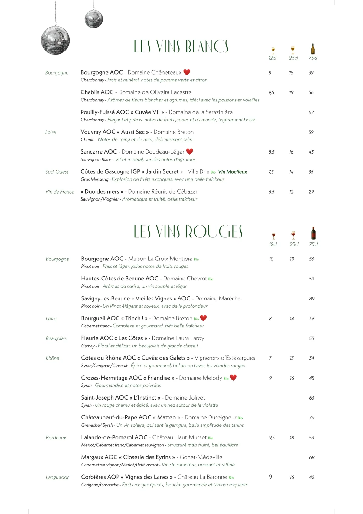 Carte du jour du restaurant Madame Claude à Châtelet, page 4 : Les Vins Blancs, Les Vins Rouges