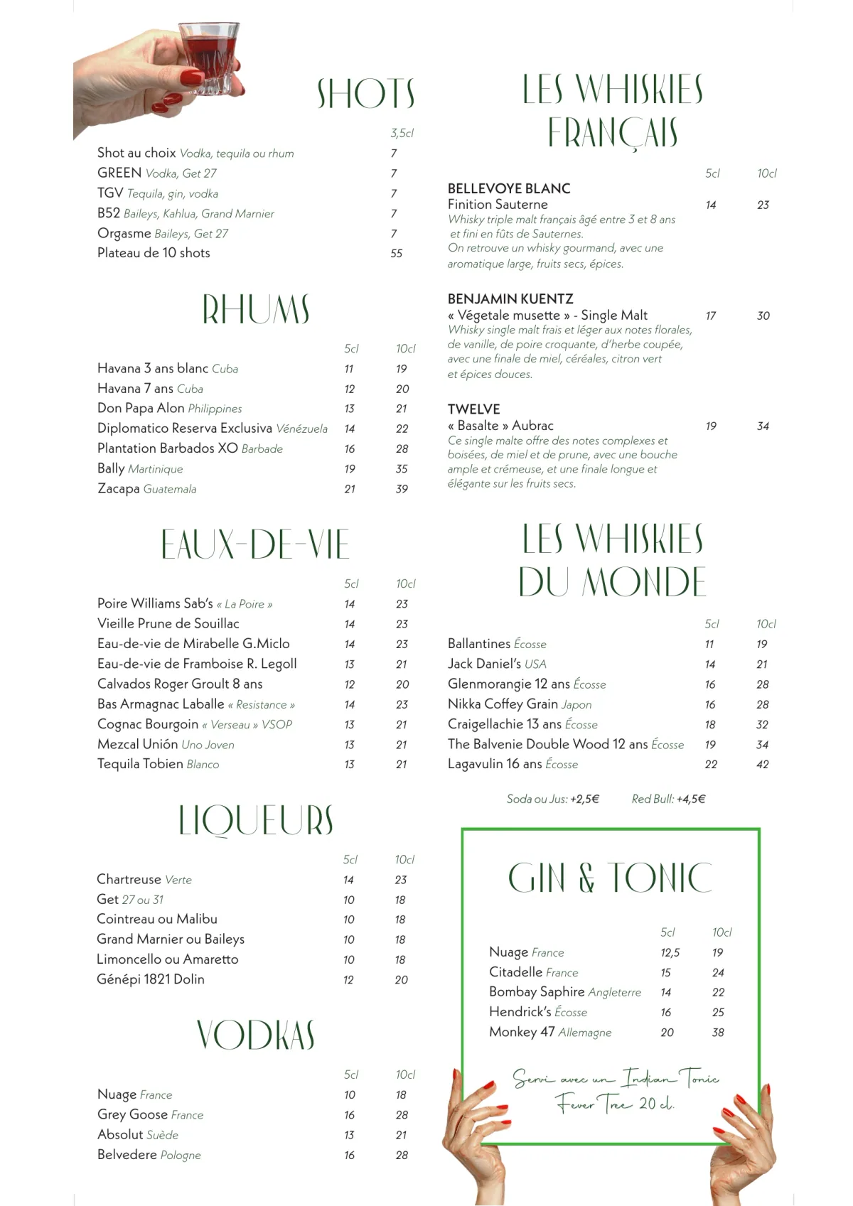 Carte du jour du restaurant Madame Claude à Châtelet, page 5 : Shots, Rhums, Eaux-de-vie, Liqueurs, Vodkas, Les Whiskies Français, Les Whiskies du Monde, Gin & Tonic