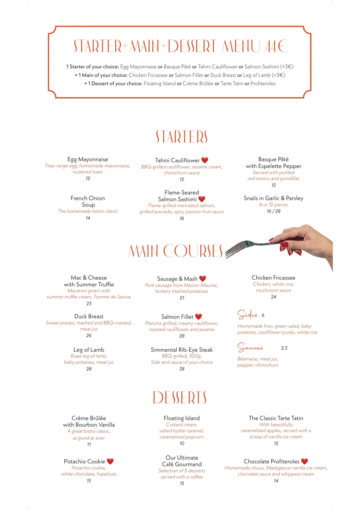 Karaoke night menu of Madame Claude in Paris, page 2 : Starter+Main+Dessert Menu 44€, Starters, Main Courses, Desserts