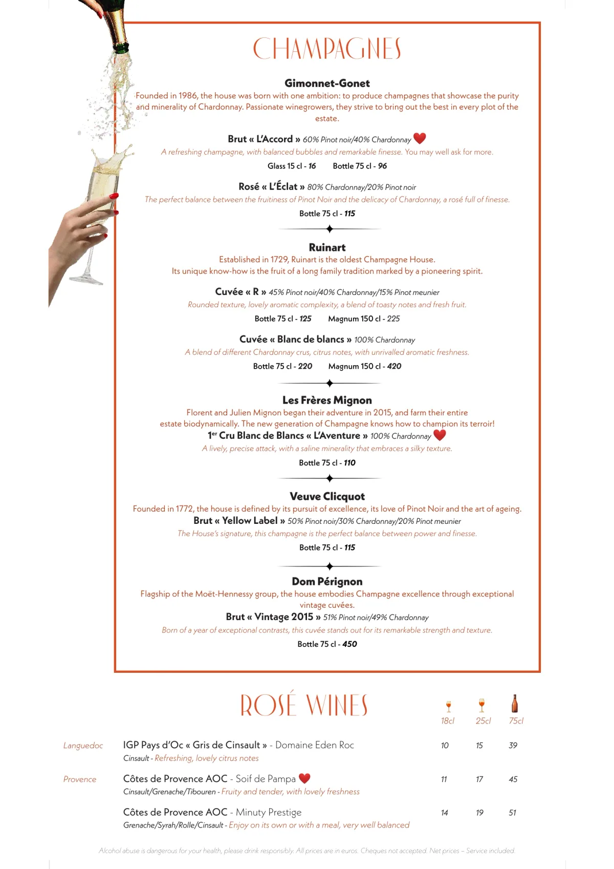 Karaoke night menu of Madame Claude in Paris, page 3 : Champagnes, Rosé Wines