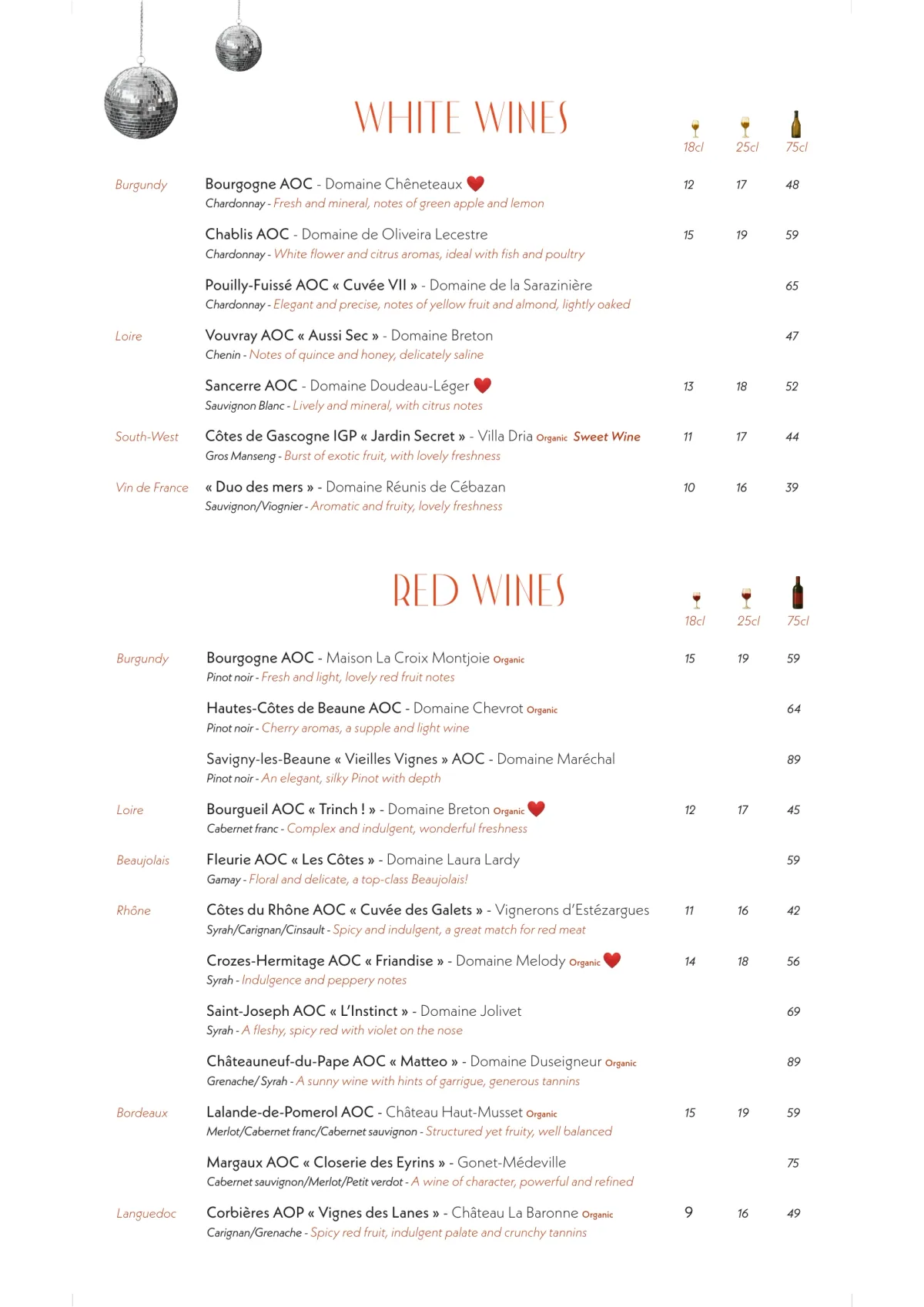 Karaoke night menu of Madame Claude in Paris, page 4 : White Wines, Red Wines