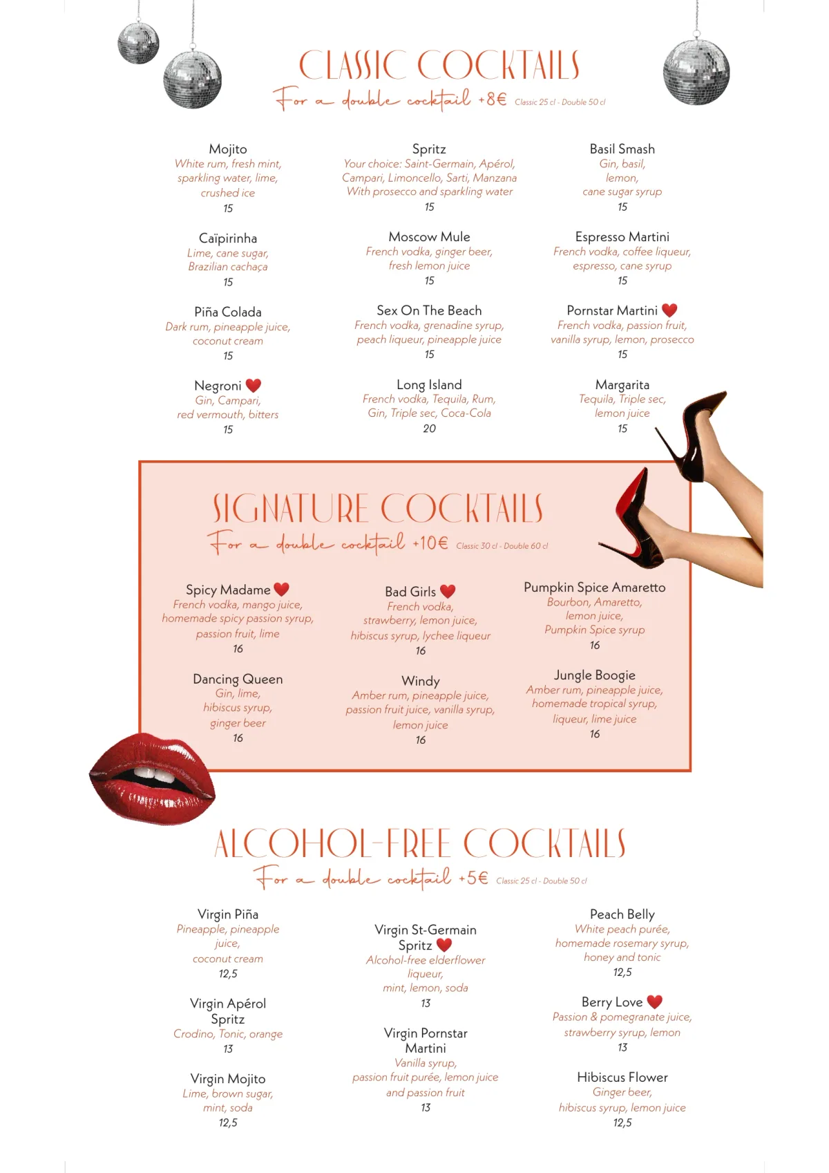 Karaoke night menu of Madame Claude in Paris, page 6 : Classic Cocktails, Signature Cocktails, Alcohol-Free Cocktails