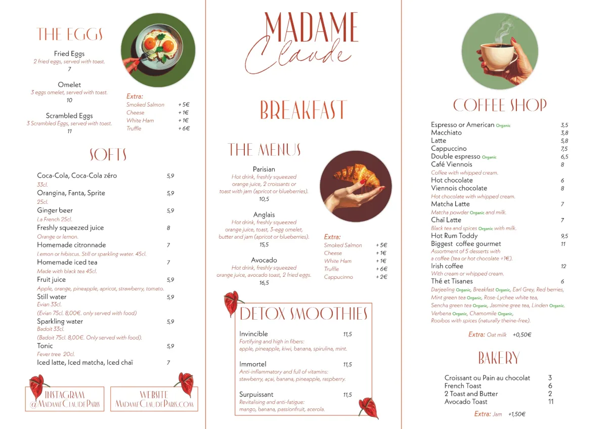 Madame Claude breakfast menu, served from 7 to 11:30 am