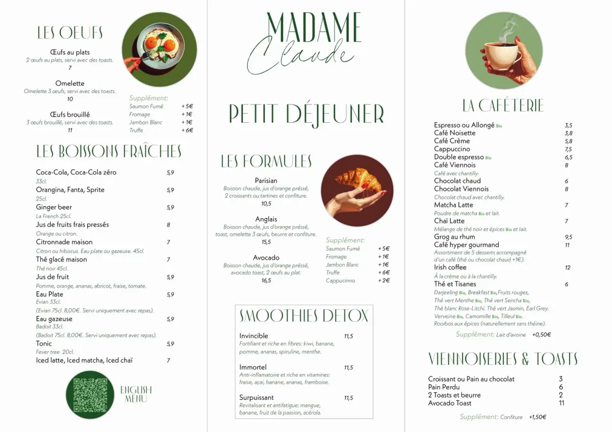 Carte du petit-déjeuner de Madame Claude, servie de 7 h à 11 h 30